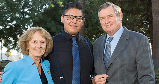 scholarship winner Alejandro Arias, Sally Roush & Chancellor White