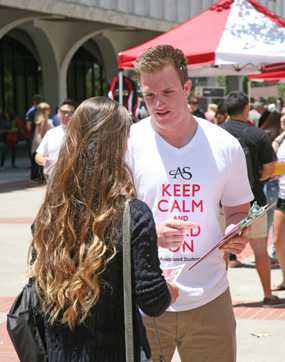 AS representative talking with a student