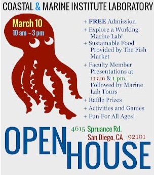 MEBSA open house 2013 flier: free admission, explore a working marine lab, sustainable food provided by the fish market, faculty member presentations at 11 am and 1 pm followed by marine lab tours, raffle prizes, activities and games, fun for all ages