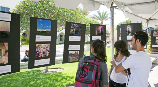 photos exhibited under a tent