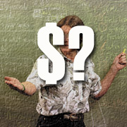 dollar sign and a question mark superimposed over a prefessor at a blackboard