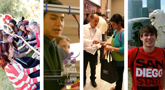 students with rope working team building, male student in science, student at career fair, and student studying abroad