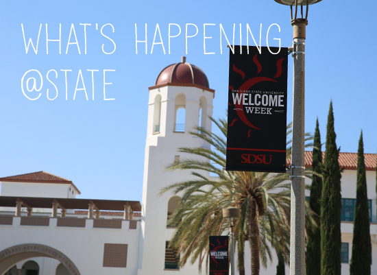 welcomeweek banners at Aztec Student Union: What's Happening @State 